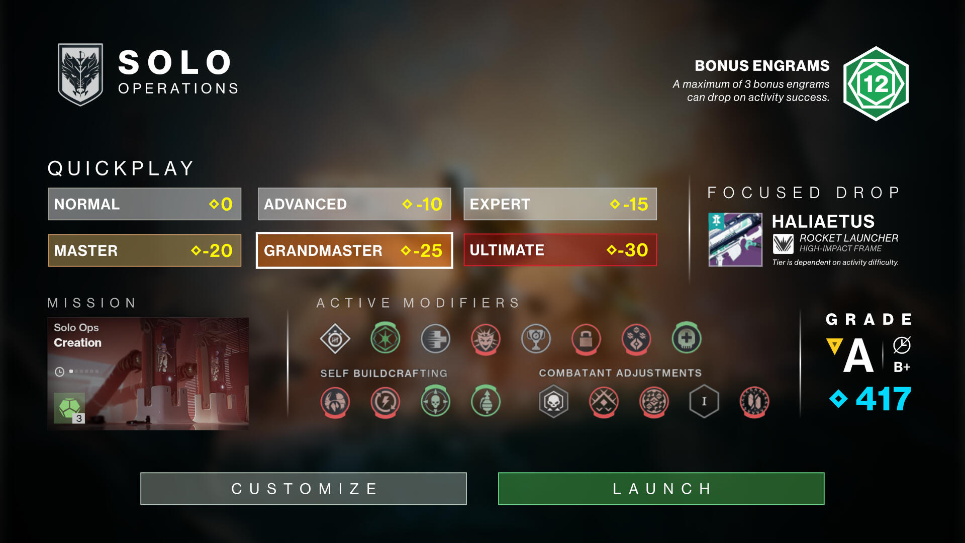 The Solo Operations page of the Portal. Opted for a streamlined look that the players can see important information at a glance. Like the immediate grade as well as the grade if the mission isn't done in the time limit, bonus engrams remaining, etc.