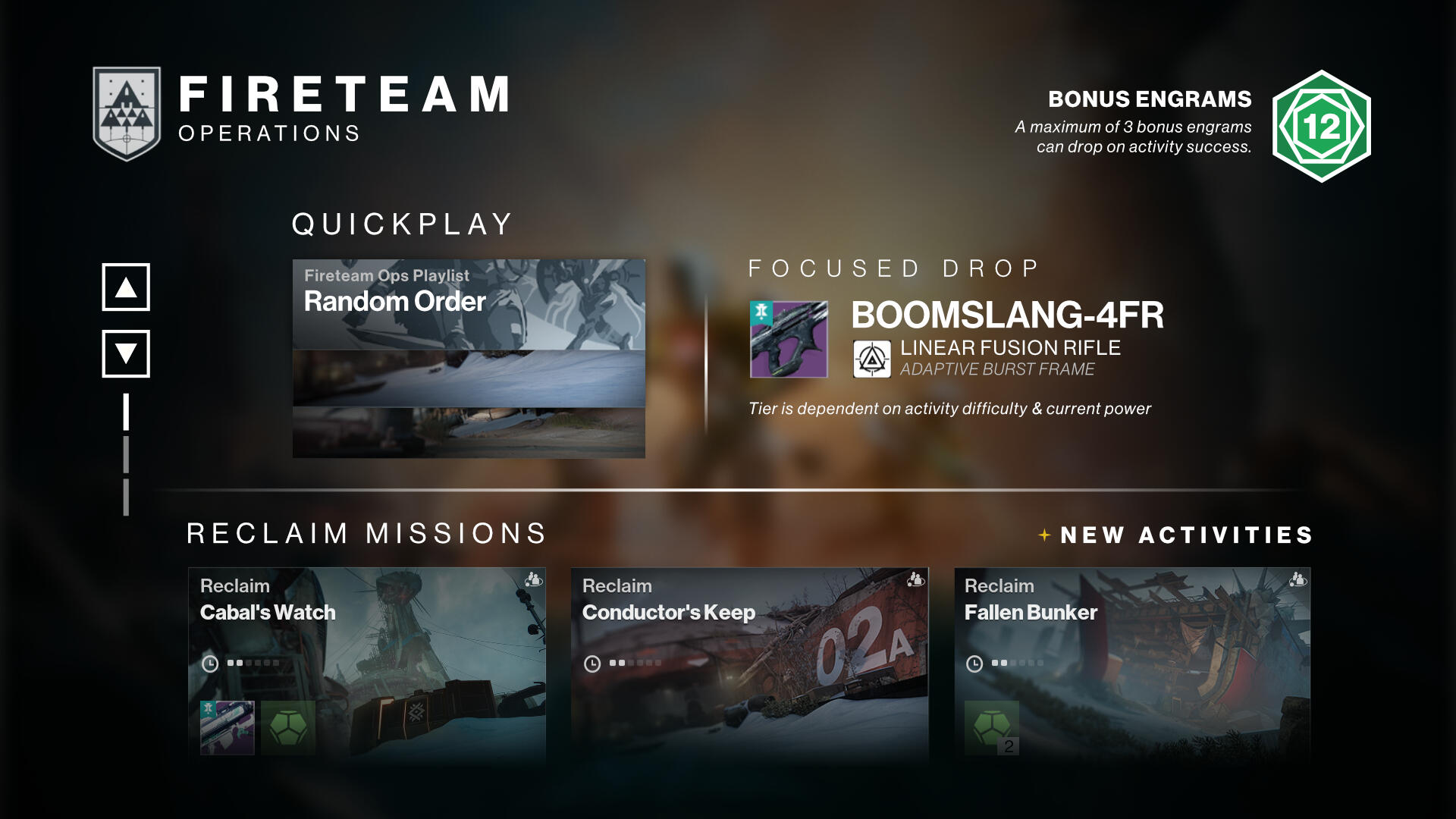 The Fireteam Operations page of the Portal. Cleaned up the clutter by organizing each operation/mission into their respective categories, as well as utilizing only 1 interactive element for Quickplay, including a focused drop info section.
