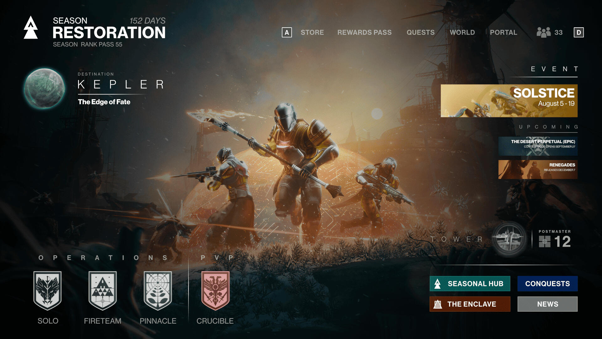 The main Portal page. Opted to touch up UI elements and added new ones like the bottom right buttons, a postmaster info section, and an event section on the top left below the Director's selection menu.