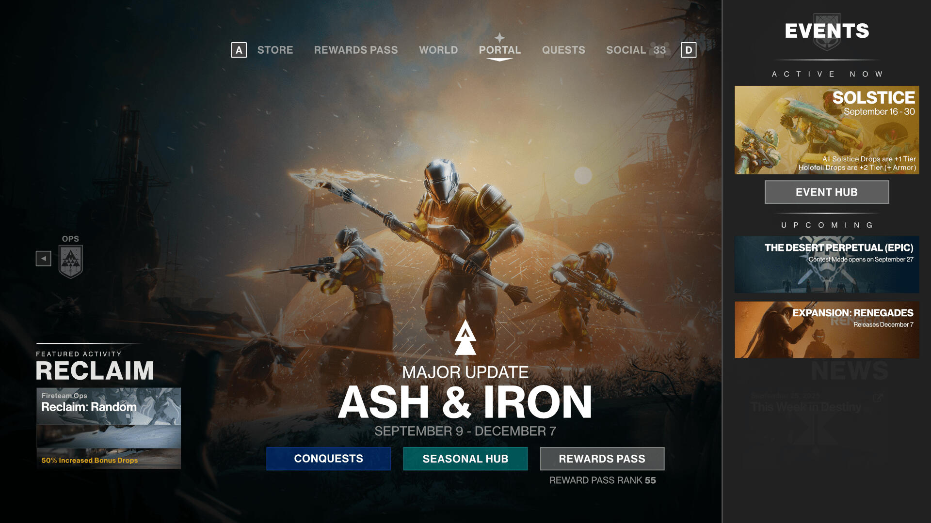 Events tab. Shortcut to the current event, as well as any upcoming events.