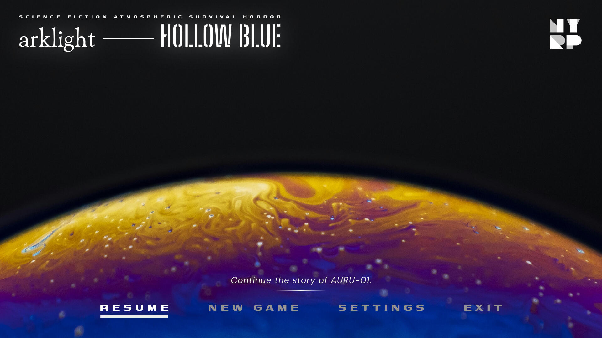 Main menu screen. Simple in nature with big menu buttons and a short description for the Resume option.