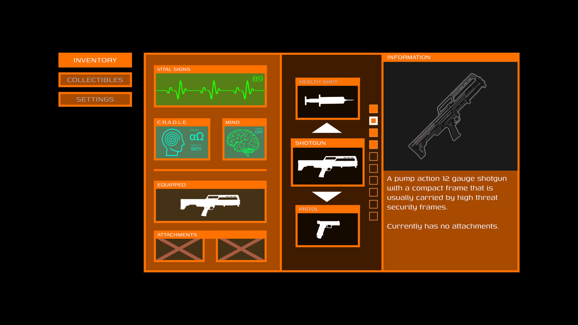 Status Screen. Includes inventory, collectibles, and general settings.